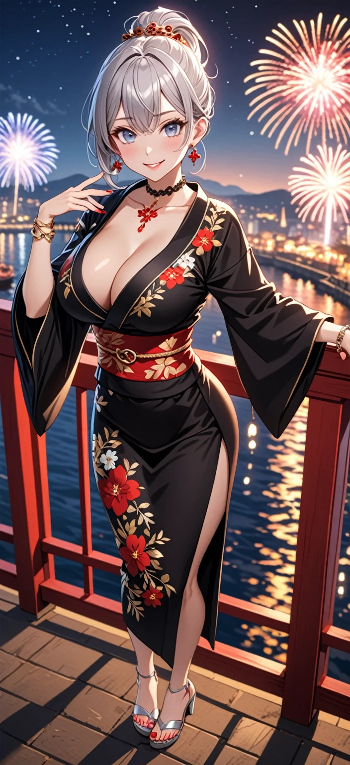 ((One personの女性)), Beautiful Face, (Laugh shyly), (Captivating smile:1.4), ((Wink:1.5)), ((Tilt your head:1.1)), Laugh with your mouth wide open, Upper teeth, View your viewers, ((Doing sexy poses)), ((full-face brash:1.4)), Glossy Red Lips, ((Big Breasts:1.3)), Night Port, Sea view terrace, firework, Glossy Red Lips, (Shining Face), ((Anime style background)),masterpiece, Highest quality, so beautiful,Latest, Complex details, (long nails of red color), (nail art), (ring),(bracelet),(Floral Choker), AI-generated, Complex,High resolution, Highest quality, super high quality,3D Images、3D Images,One person,Long white hair,High Ponytail, Anime woman posing for a photo, ((Silver Eyes:1.7)), ((Fine grain、Light blue eyes、Shining Eyes:1.4)), (Squint your eyes:1.1),a hyperRealistic , hyperRealistic , Realistic,Long white hairのアニメ女性, Smooth anime CG art, (A woman in a colorful kimono with gold embroidery), ((Black kimono:1.5)), Red floral pattern,Long flower hair ornament,Floral Earrings,((black high heel sandals)),Mature Body,Tall,Abdominal muscles,Tight waist, ((full body:1.5)), (Zoom in on face), (dutch angle:1.3),