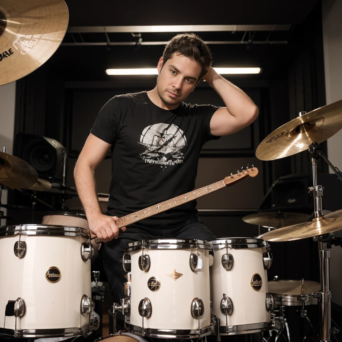 A 33 year old boy playing drums in a studio