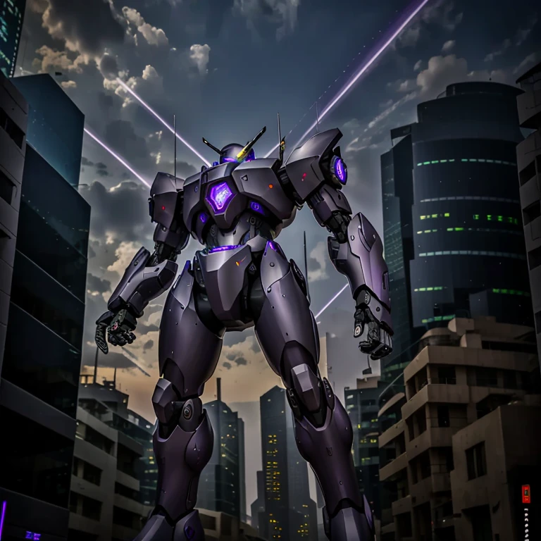 Masterpiece, best quality, Purple and grey clolored Mecha, has Purple colored eyes, eyes are lights, standing in the city