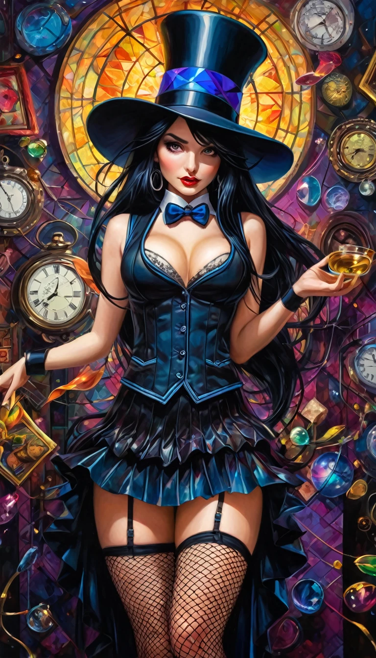 a magician girl with long black hair, wearing a magician hat, elegant and sexy outfit with a vest, miniskirt and fishnet stockings, performing magic, dark and fantastic background, inspired by the art of Bill Sienkiewicz, high quality, ultra-detailed, photorealistic, vivid colors, professional (best quality, 4k, 8k, high resolution, masterpiece: 1.2), ultra detailed, (realistic, photorealistic, photorealistic: 1.37), intricate details, vivid colors, sharp focus, professional, Dave's artwork McKean, oil painting touch of surrealism, oil painting style