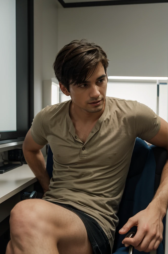 create a male doctor with short hair and sitting in a chair