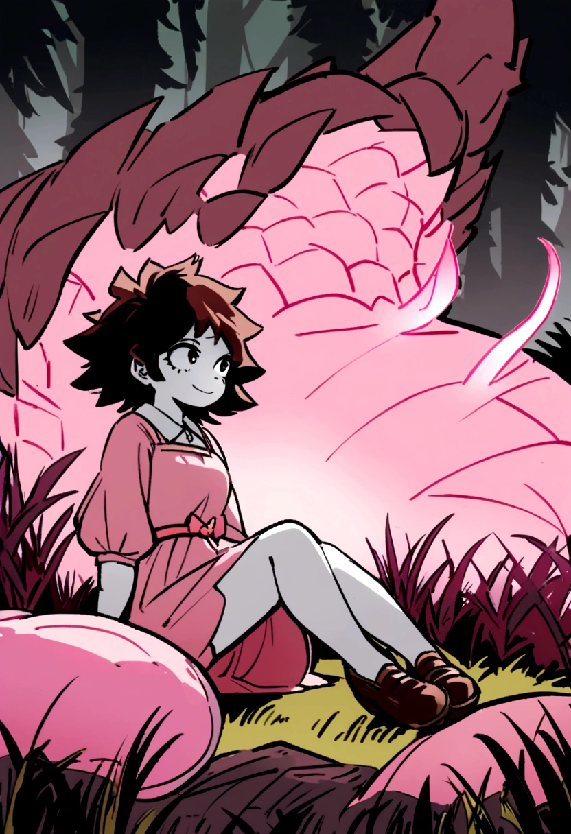 A girl in the drawing style of My Hero Academia, brown hair, short pink dress, shoes with a small bow, short, slightly spiky hair, smiling, White skin, sitting next to a giant pink dragon with a slight glowing pink aura on a forest grass 