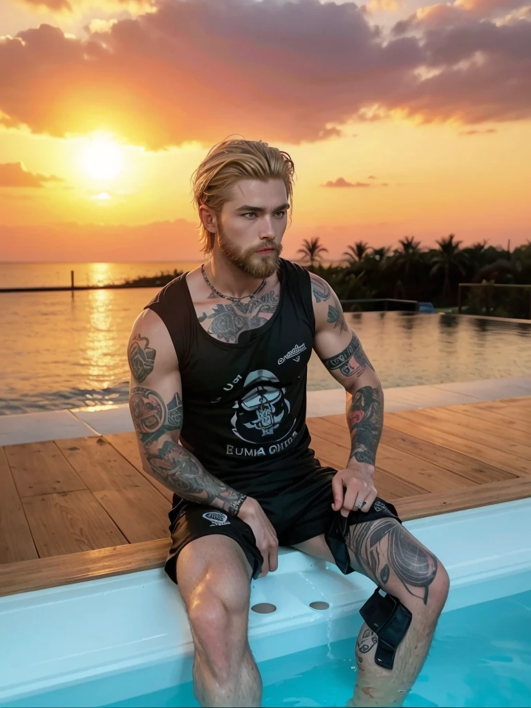 A strong man with short blond hair, with a well-groomed beard, sitting in a pool, with black t-shirt, with black shorts and tattoos on the body