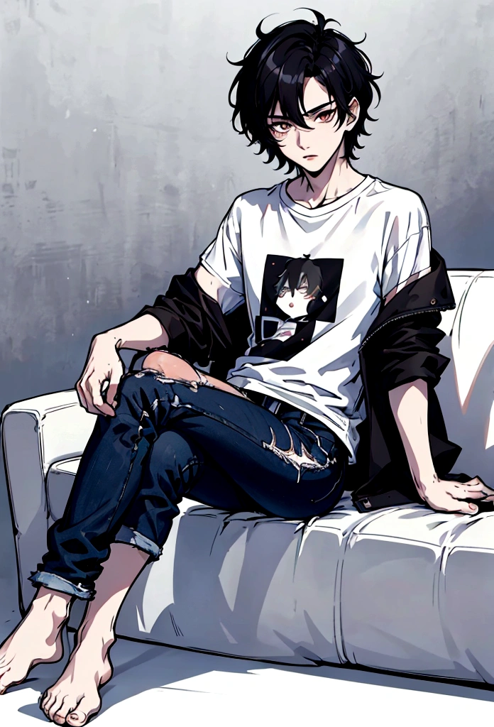 best quality, full body, looking at viewer, on the couch, 1 man, pale skin, chibi, black hair, very short hair, messy hair, clear face, t-shirt, jacket, jeans, crossed legs, simple background,