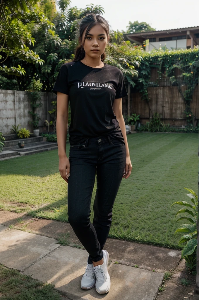 Beautiful girl with a clean, round face of Indonesian race, wearing a black t-shirt with text on it"LD",wearing long jeans, sports shoes, the background of a garden, Realistic, full HD, clear contrast,16k