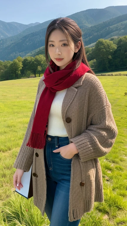 8K, Highest quality, masterpiece, Realistic, Super detailed, photo Realistic, Improvement of quality, Photo of a girl standing in a field wearing a scarf, The designer&#39;s dark and gloomy style, Large chunk, Photobash, Calm face, Jagged Edges, navy, Natural Beauty, Close-up shot