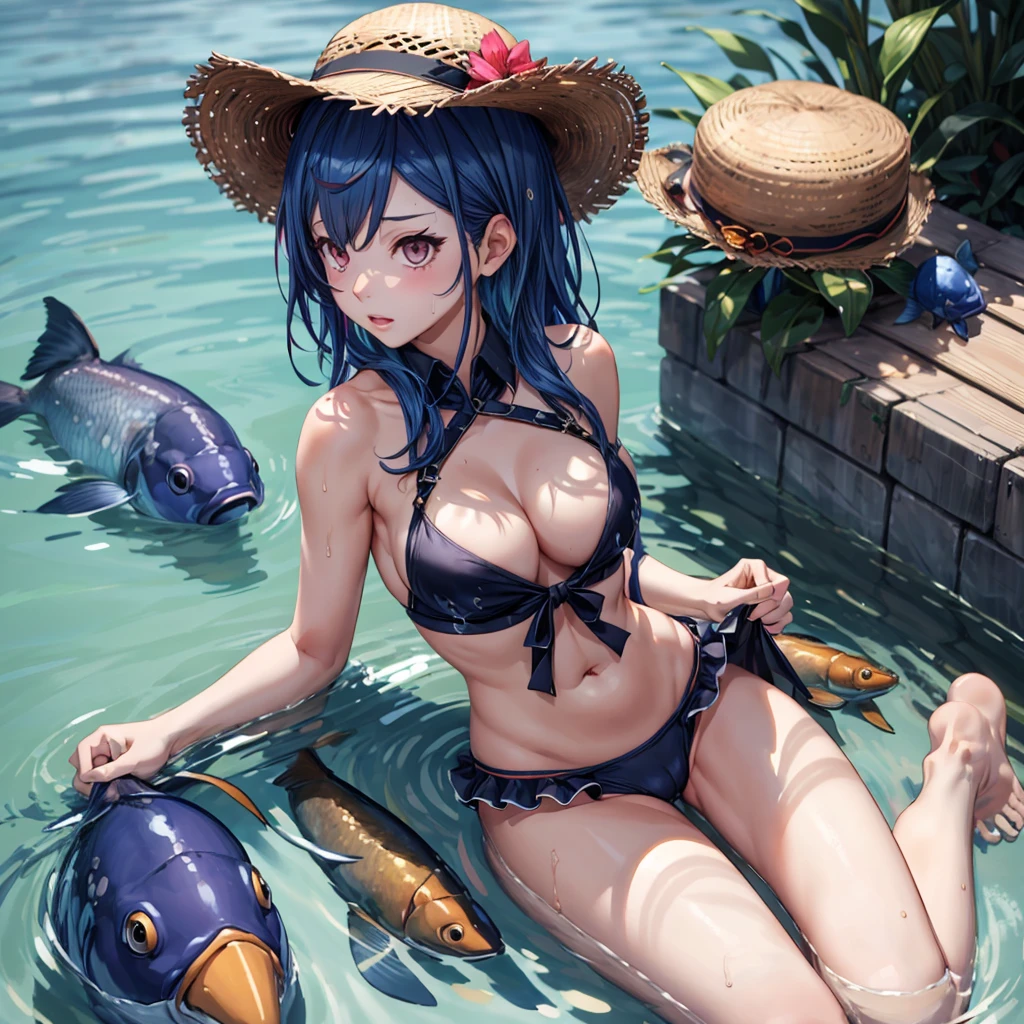 ((Highest quality)), ((masterpiece)), (detailed), (nsfw), the female cartoon character dressed in sexy clothing sits in the water and fishes, 1girl, swimsuit, breasts, 比基尼, 独奏, hat, straw hat, cleavage, navel, water, large breasts, looking at viewer, bangs, frills, frilled 比基尼, Virtual Youtuber, sitting, pink 比基尼, long hair large breasts, (wet), sweat,