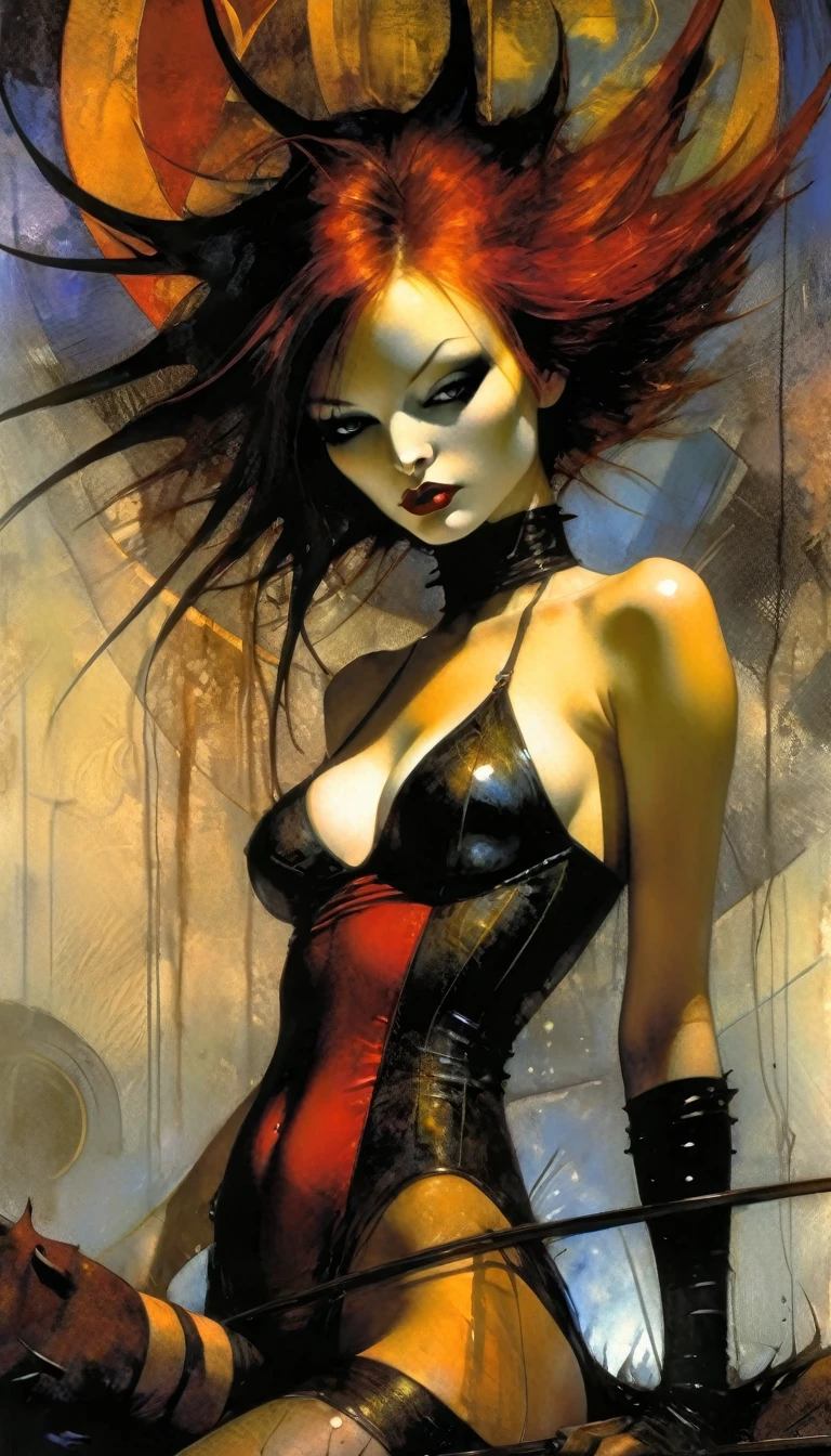 The sexy and dark art of seduction, (art inspired by Bill Sienkiewicz). oil painting)(best quality,4k,8k,highres,masterpiece:1.2),ultra-detailed,(realistic,photorealistic,photo-realistic:1.37),intricate details,vivid colors,sharp focus,professional,Dave McKean artwork, oil touch of surrealism,oil painting style
