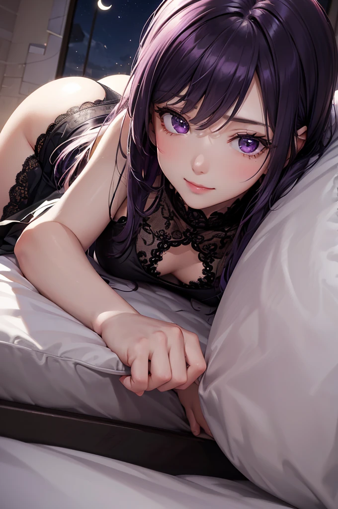 (Best Quality,High resolution,8K,finelity detailed background,Masterpiece:1.2),beautiful girl,Shiny purple hair,messy hair,Purple Eyes,Gentle look,A refreshing look,Best quality,Best Quality,Aesthetic and aesthetic:1.2,Best details((Super detailed))(High-definition CG illustrations),Black underwear (gray,intricate lace),Slender body,night,night景,moon,Bedroom,On the bed,smile,blush,cute,Scrounge,Looking up,Being spoiled,super model,lie down,Lying on your back