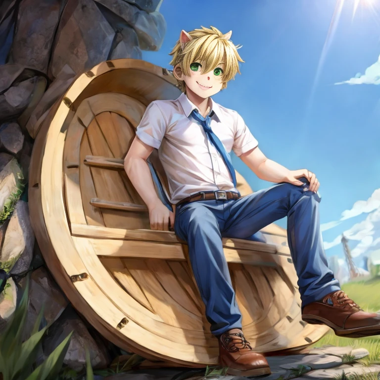 anime model of a blonde boy, With bright green eyes, dressed in a white shirt and blue jeans, Brown shoes, a beautiful and bright smile, a face as cute as that of a god and beautiful