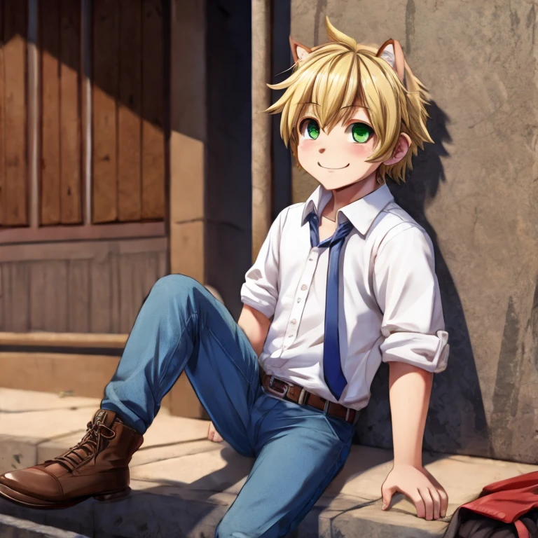 anime model of a blonde boy, With bright green eyes, dressed in a white shirt and blue jeans, Brown shoes, a beautiful and bright smile, a face as cute as that of a god and beautiful