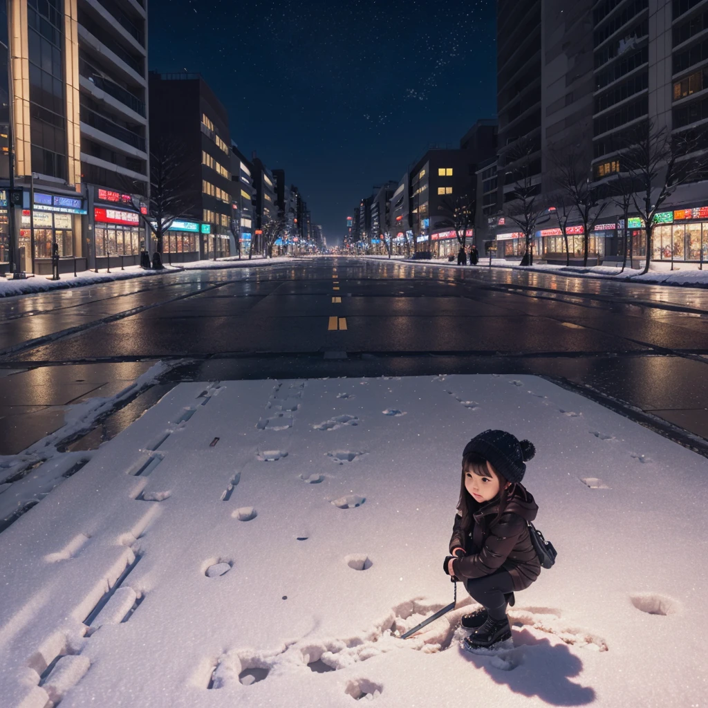 (No People), Unattended, No One, Landscape, Winter, Christmas, City, Tokyo, Sidewalk, Snow, Light Up, Night, HD Detail, Ultra Detail, Film, Hyper Realism, Soft Light, Deep Focus Bokeh, Ray Tracing, Art Station pixivgwise, Makoto Shinkai, Art Germ