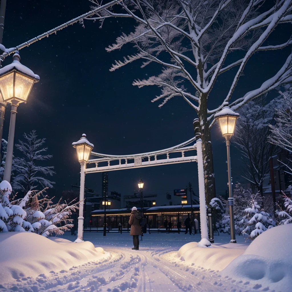 (No People), Unattended, No One, Landscape, Winter, Christmas, City, Tokyo, Sidewalk, Snow, Light Up, Night, HD Detail, Ultra Detail, Film, Hyper Realism, Soft Light, Deep Focus Bokeh, Ray Tracing, Art Station pixivgwise, Makoto Shinkai, Art Germ