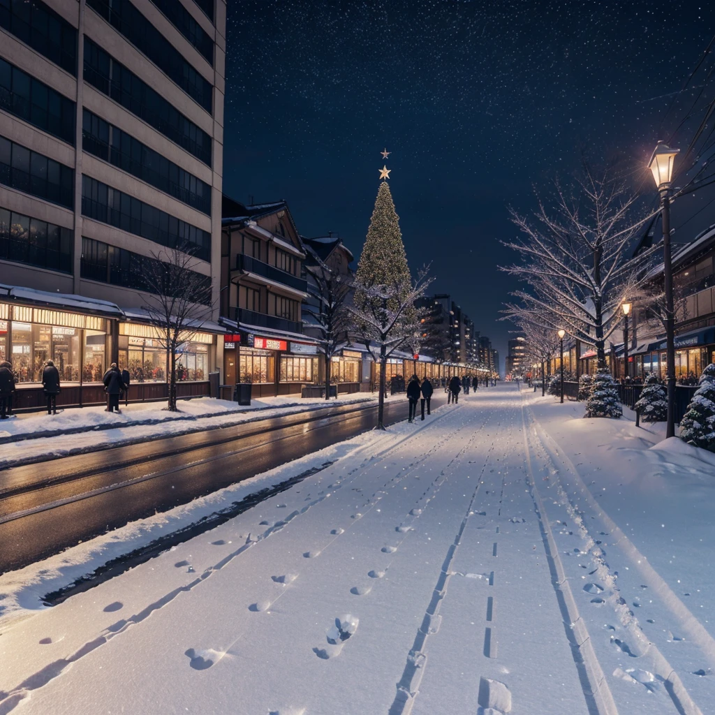 (No People), Unattended, No One, Landscape, Winter, Christmas, City, Tokyo, Sidewalk, Snow, Light Up, Night, HD Detail, Ultra Detail, Film, Hyper Realism, Soft Light, Deep Focus Bokeh, Ray Tracing, Art Station pixivgwise, Makoto Shinkai, Art Germ