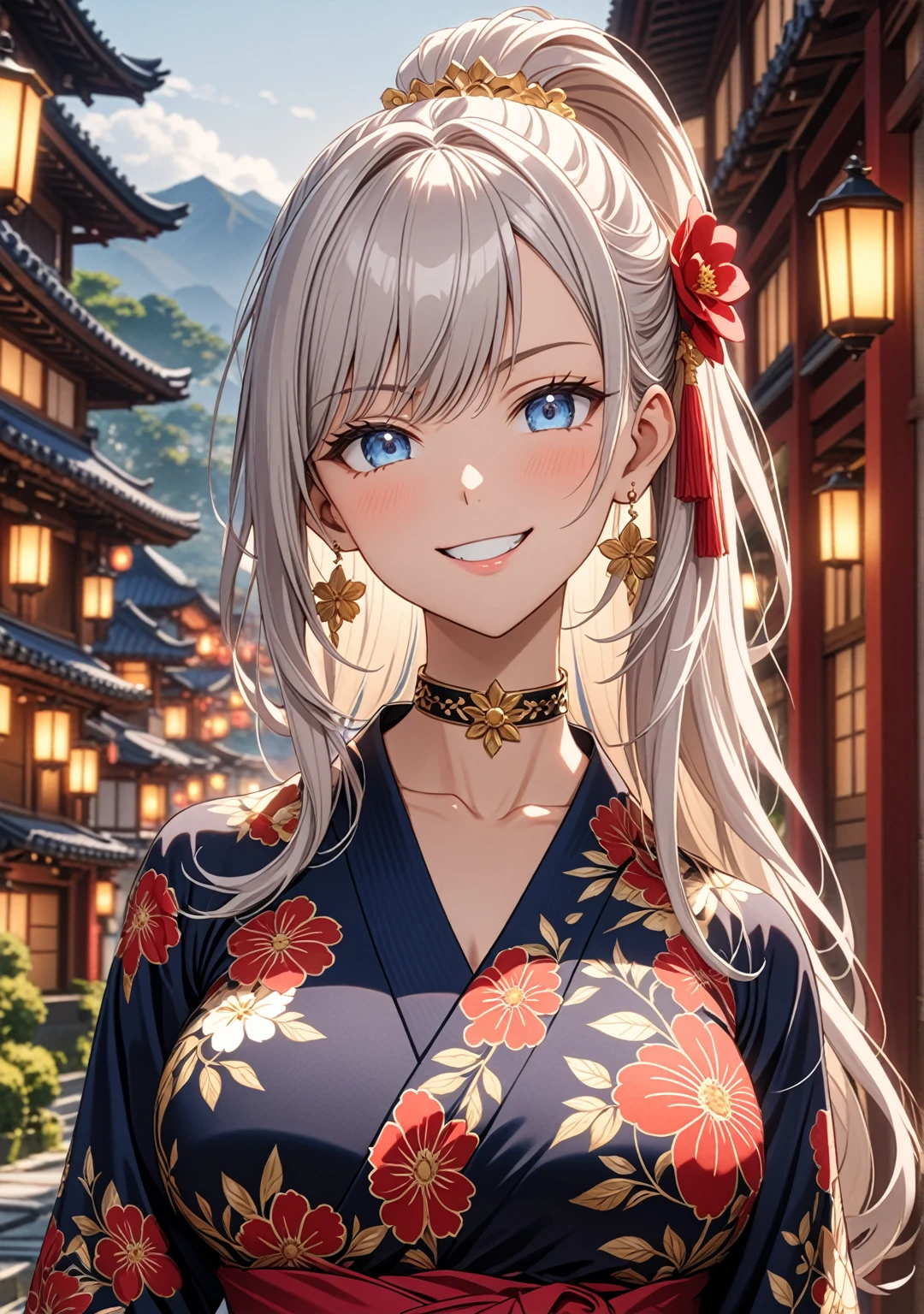((One personの女性)), Beautiful Face, (Laughing embarrassedly), ((smirk:1.2)), ((Wink:1.6)), (head tilt:1.3), upper teeth, looking at viewer, ((full-face brash:1.5)), ((Big Breasts:1.3)), night,Countryside landscape, Glossy Red Lips, (Shining Face), ((Black long sleeve kimono:1.8)), ((Anime style background)),masterpiece, Highest quality, so beautiful,up to date, Complex details, (Pink long nails), (nail art), (ring),(bracelet),(Floral choker), AI-generated, Complex,High resolution, Highest quality, super high quality,3D Images、3D Images,One person,Long white hair,High Ponytail, Anime woman posing for a photo, ((silver eyes:1.3)), ((Fine grain、blue eyes、Shining Eyes:1.3)), (Squint your eyes:1.1),a hyperRealistic , hyperRealistic , Realistic,Anime woman with long white hair, Smooth anime CG art, (A woman in a colorful kimono with gold embroidery),(Red floral pattern),Long flower hair ornament,Earrings,Mature Body,Tall,Abdominal muscles,Tight waist, ((Zoom in on face:1.8)), (front view:1.3),