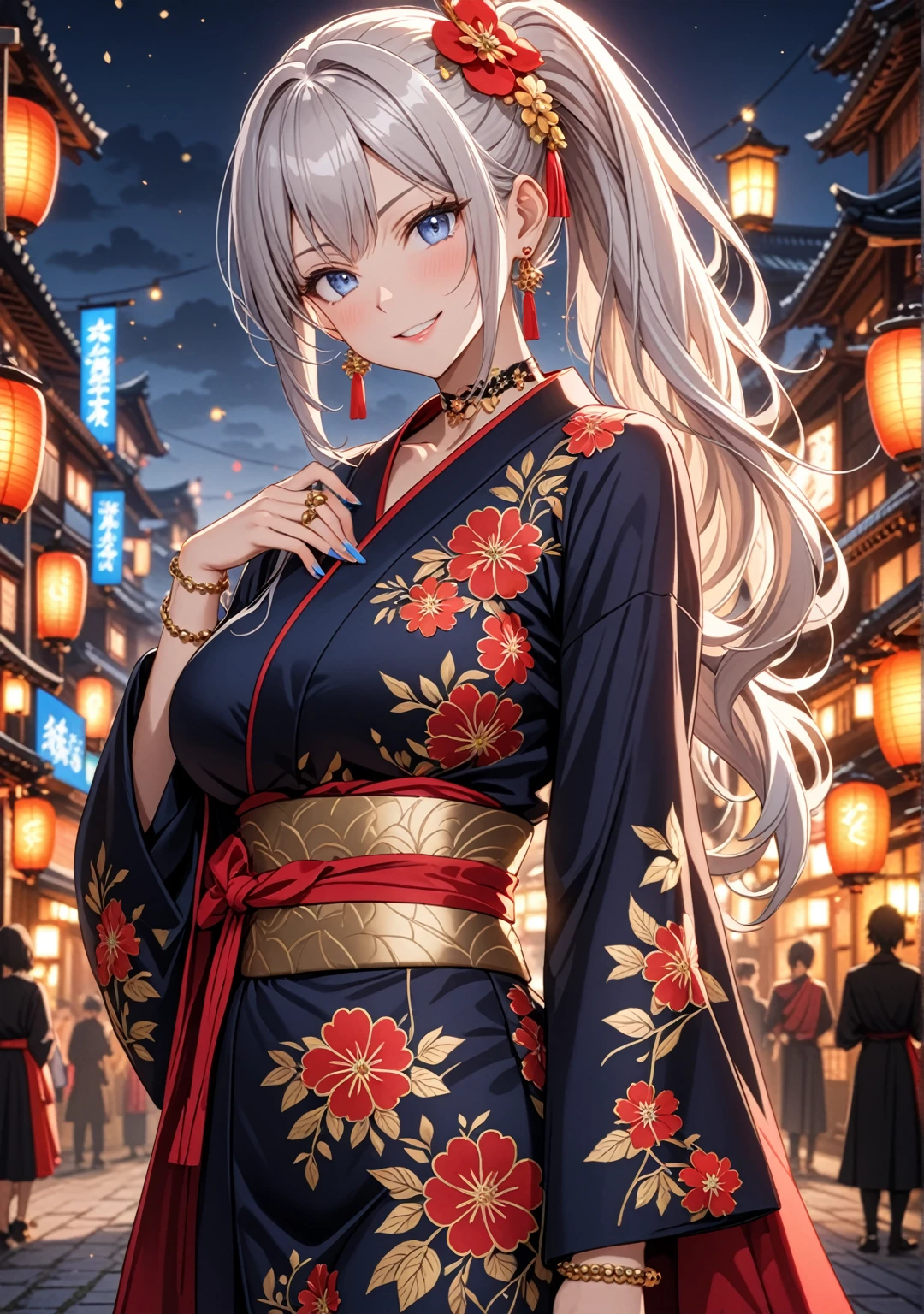 ((One personの女性)), Beautiful Face, (Laughing embarrassedly), ((smirk:1.2)), ((Wink:1.6)), (head tilt:1.3), upper teeth, looking at viewer, ((full-face brash:1.5)), ((Big Breasts:1.3)), night,Countryside landscape, Glossy Red Lips, (Shining Face), ((Black long sleeve kimono:1.8)), ((Anime style background)),masterpiece, Highest quality, so beautiful,up to date, Complex details, (Pink long nails), (nail art), (ring),(bracelet),(Floral choker), AI-generated, Complex,High resolution, Highest quality, super high quality,3D Images、3D Images,One person,Long white hair,High Ponytail, Anime woman posing for a photo, ((silver eyes:1.3)), ((Fine grain、blue eyes、Shining Eyes:1.3)), (Squint your eyes:1.1),a hyperRealistic , hyperRealistic , Realistic,Anime woman with long white hair, Smooth anime CG art, (A woman in a colorful kimono with gold embroidery),(Red floral pattern),Long flower hair ornament,Earrings,Mature Body,Tall,Abdominal muscles,Tight waist, ((Zoom in on face:1.8)), (front view:1.3),