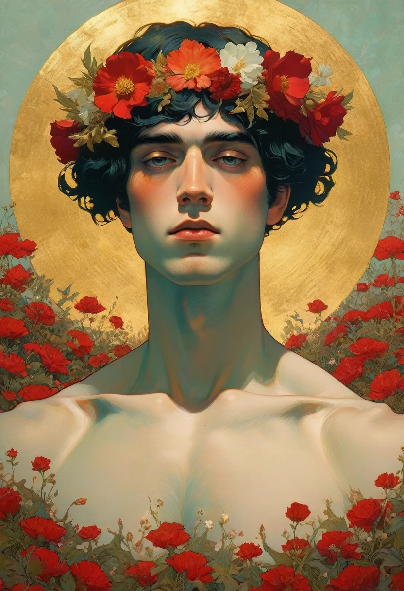 Drawing of handsome young man wearing flower crown, ????? man among flowers, he has a flower crown, The male god among the flowers, Covered with flowers, Mucha Klimt and Tom Bagshaw, girl among flowers, spring male persephone, Flower God, Zhenrong New Art, Portrait of male holding flowers, original photo (aldult:1.3),Male erupts into intense crimson cascade,The intersection of magic and technology and the sticky temptation disappear into the shadows,A neo-expressionist masterpiece embraced by gold,???????,muscle,Hair between the eyes,(Chiaroscuro:1.3),(Octane rendering masterpiece,masterpiece scale,beautiful depth of field,super wide angle,Ultra-detailed CG perspective,Super dynamic lighting with amazing shadows,dramatic lighting), Conveys feelings of inner strength and confidence. Introducing a gentle, Atmospheric haze in the environment, Creates a soft light diffusion effect,Gives the impression of a golden aura and presence.
