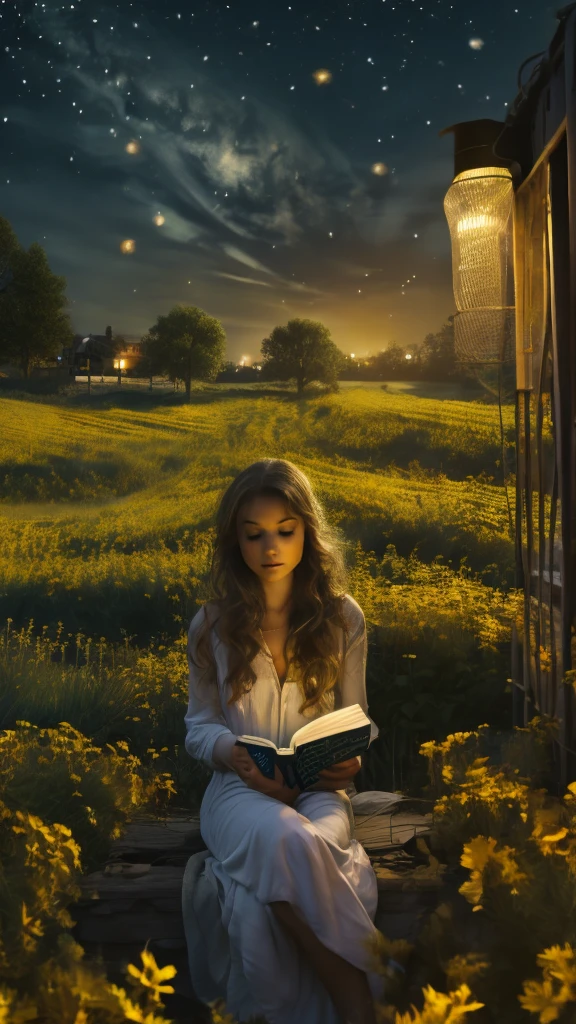 girl reading a book next to her lamp behind a fence in a flower field by the starry night