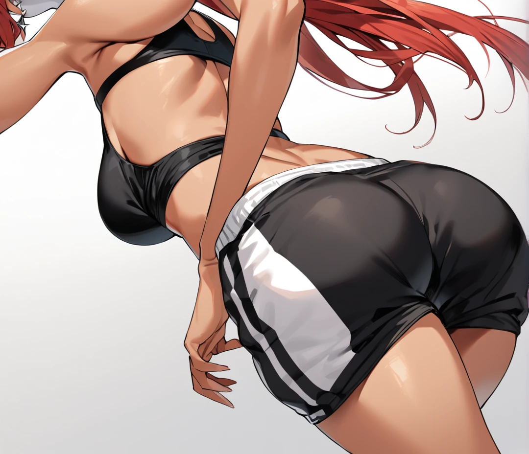 redhead, tanned skin, medium breasts, thick ass, black sports bra, black and white dolphin running shorts, black star shaped earrings, long ponytail, front shot, pure white background