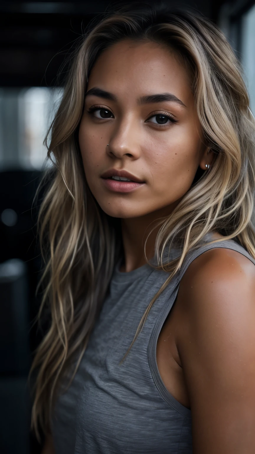 selfie portrait photo straight view of 32 y.o (tanned:1.3) female face only, wearing gray shirt, wavy dirty-blonde hair, cinematic shot, very dark dramatic blind lighting 8k uhd, natural color palette (light-brow-eyes:1.2)