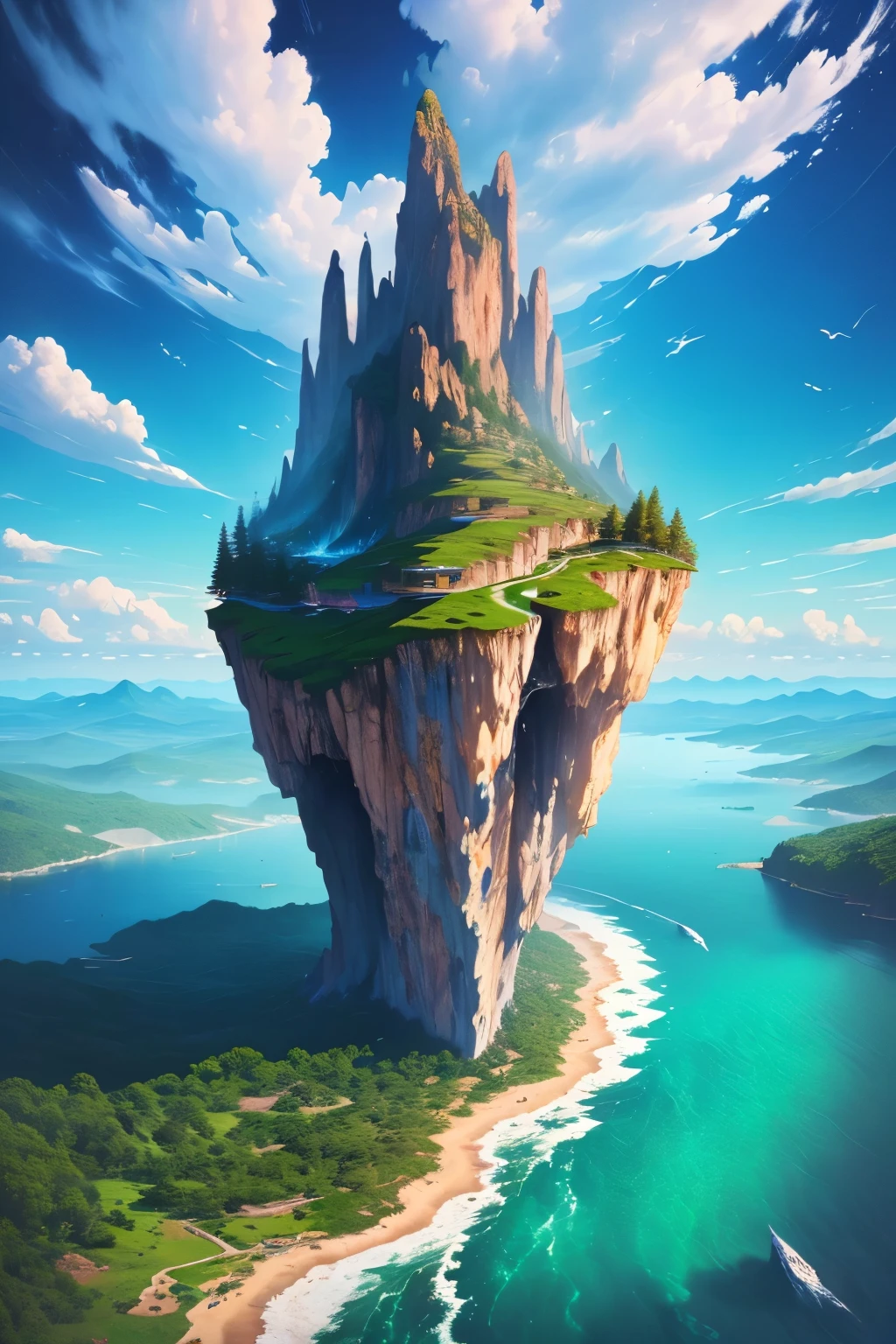 ((melhor qualidade)), ((Obra de arte)), (detalhado), alta qualidade, 8K ultra-HD, A dreamlike landscape with floating islands, waterfalls flowing , sky filled with clouds