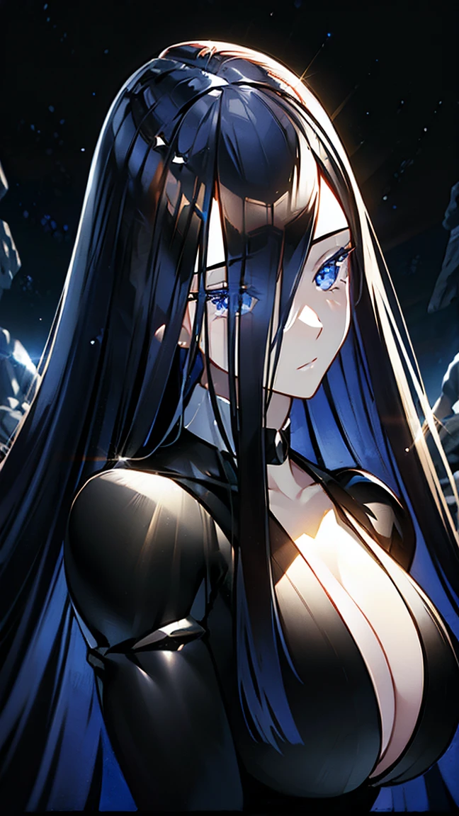 a beautiful long-haired girl with crystal-like hair, large breasts, powerful physique, shiny black hair, goddess-like, surrounded by blue lighting, (best quality,4k,8k,highres,masterpiece:1.2),ultra-detailed,(realistic,photorealistic,photo-realistic:1.37),portrait,fantasy,dramatic lighting,dramatic pose,volumetric lighting,cinematic lighting,chiaroscuro,dramatic atmosphere