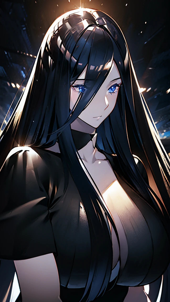 a beautiful long-haired girl with crystal-like hair, large breasts, powerful physique, shiny black hair, goddess-like, surrounded by blue lighting, (best quality,4k,8k,highres,masterpiece:1.2),ultra-detailed,(realistic,photorealistic,photo-realistic:1.37),portrait,fantasy,dramatic lighting,dramatic pose,volumetric lighting,cinematic lighting,chiaroscuro,dramatic atmosphere