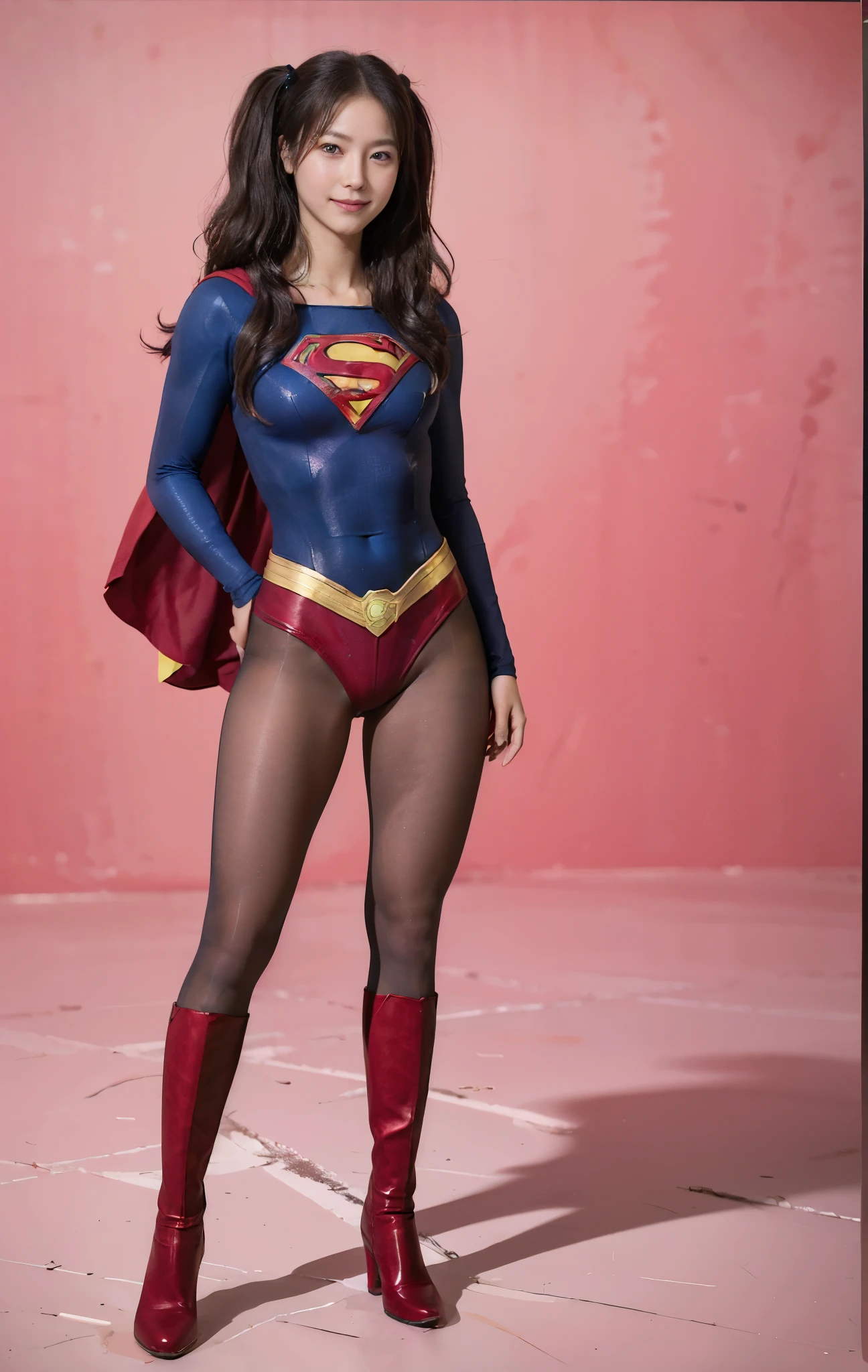 No background、(((Beautiful legs in black tights.)))、(((Legally express the beauty of your smile)))、((((Make the most of your original images)))、(((Supergirl Costume)))、(((Beautiful hair with twin tails)))、(((suffering)))、(((Please wear black tights....、Wear red boots)))、((Best image quality、8K))、((Highest quality、8K、masterpiece:1.3))、(((Preserve background )))、Sharp focus:1.2、Beautiful woman with perfect figure:1.4、Slim Abs:1.2、Wet body:1.5、Highly detailed face and skin texture、8K