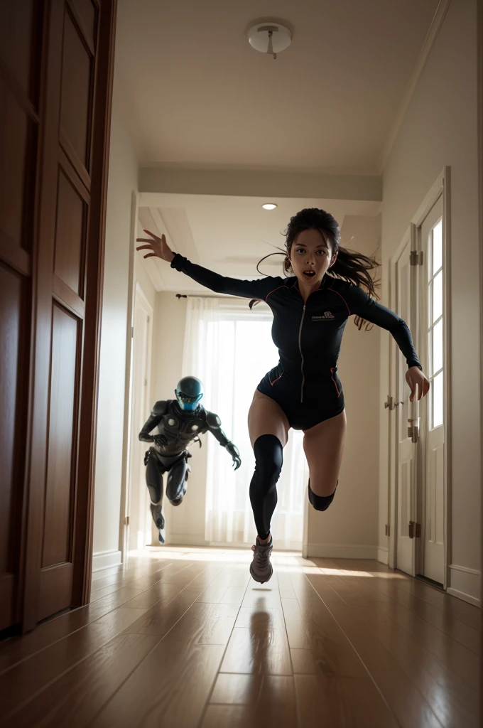 Create video woman running away from an alien in a house