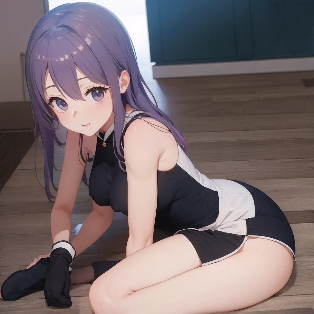 anime girl with a cute breast sitting on a floor with her legs crossed 