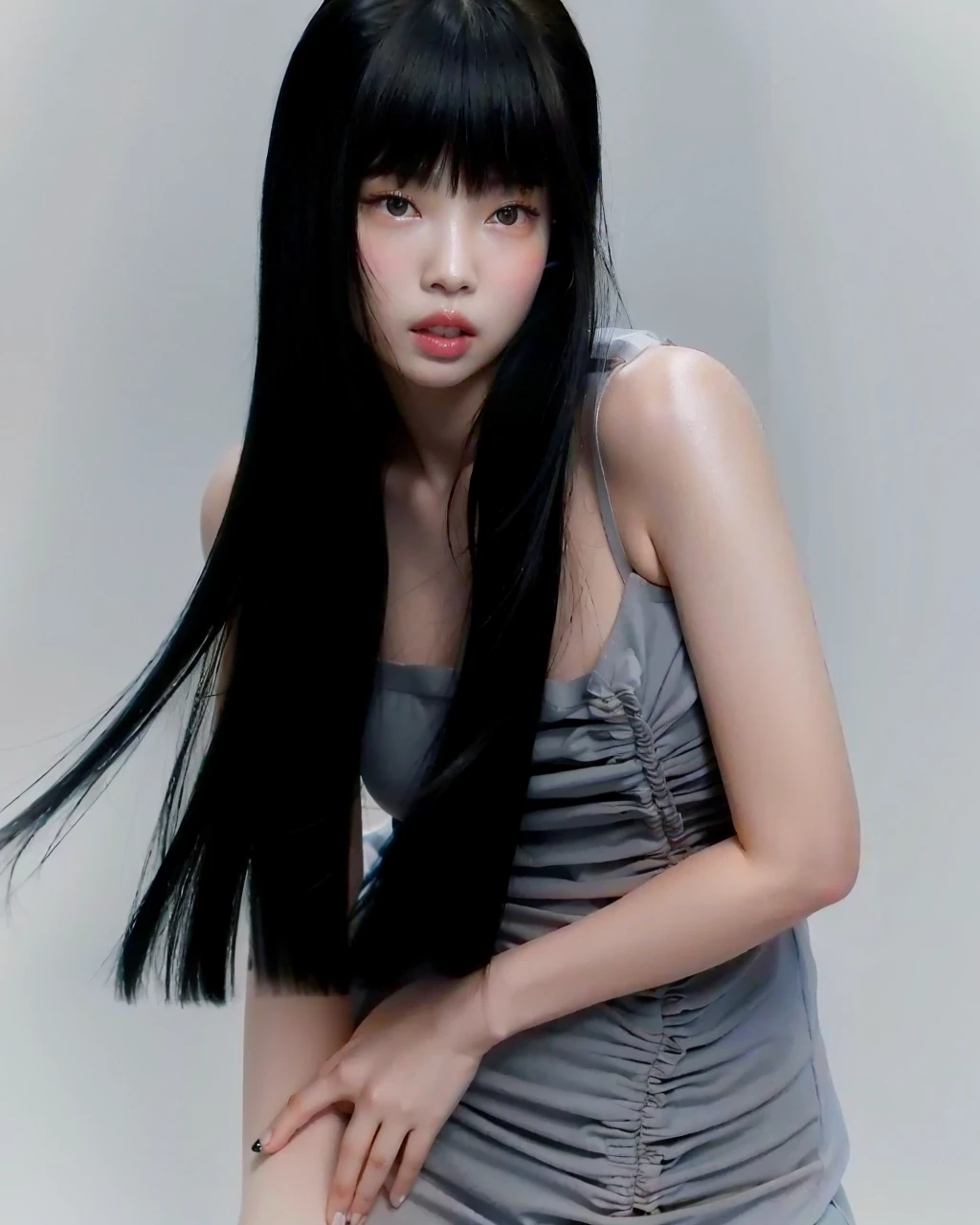 a close up of a woman with long hair and a white top, jennie blackpink, popular korean makeup, popular south Korean makeup, korean face features, Lee Ji-eun, Lee Ji - Eun, beautiful south korean woman, Parque Ji-min, young adorable korean face, Hwang SE - EM, Jinyoung Canela, cute korean actress, Heonhwa Choe