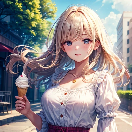 Highest quality, One girl, (Skin Hollow), (Large Breasts), (Day), bright, Background Blur, Outdoor, (street:0.6), (hair:1.5), (blouse:1.5), nice, (hair Float:1.5), Soft Light, Wind, garden, street Eating soft serve ice cream