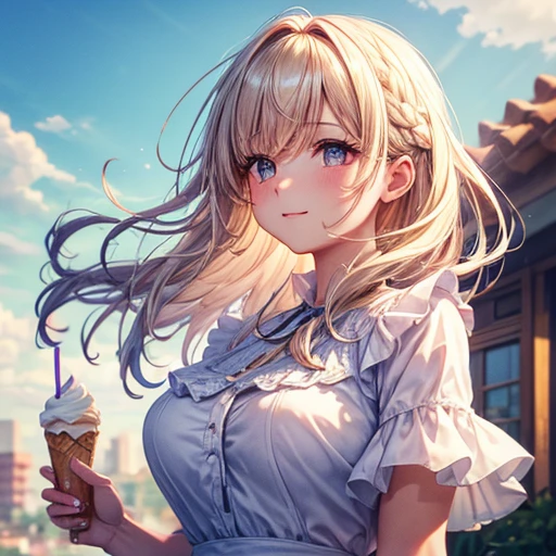 Highest quality, One girl, (Skin Hollow), (Large Breasts), (Day), bright, Background Blur, Outdoor, (street:0.6), (hair:1.5), (blouse:1.5), nice, (hair Float:1.5), Soft Light, Wind, garden, street Eating soft serve ice cream