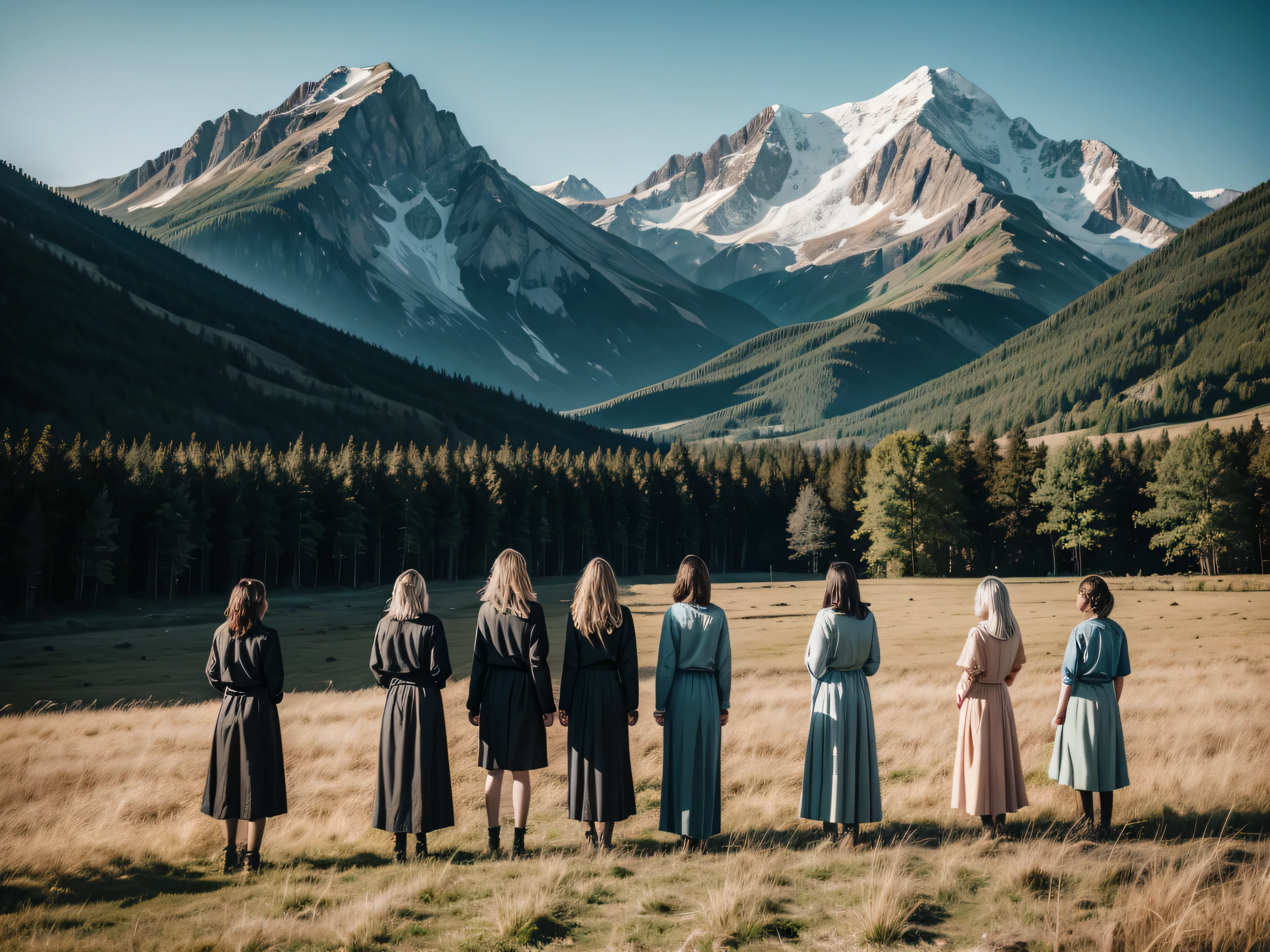 8 WOMEN WITH THEIR BACKS IN A FIELD, LOOKING AT A MOUNTAIN, Tall Grass