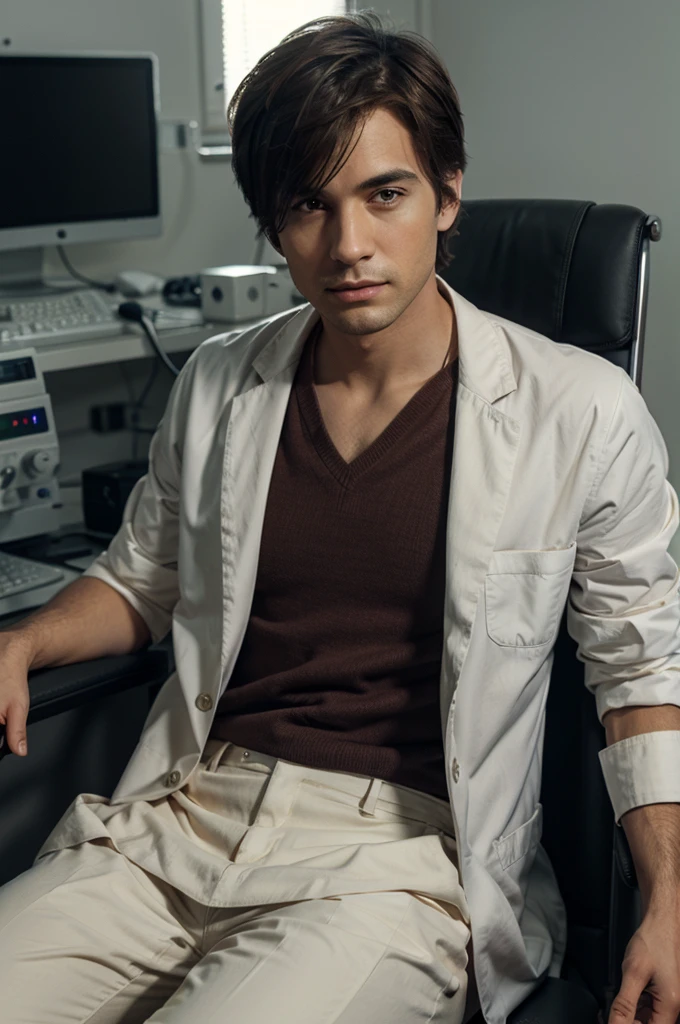 create a male doctor in a lab coat and short hair sitting in a chair