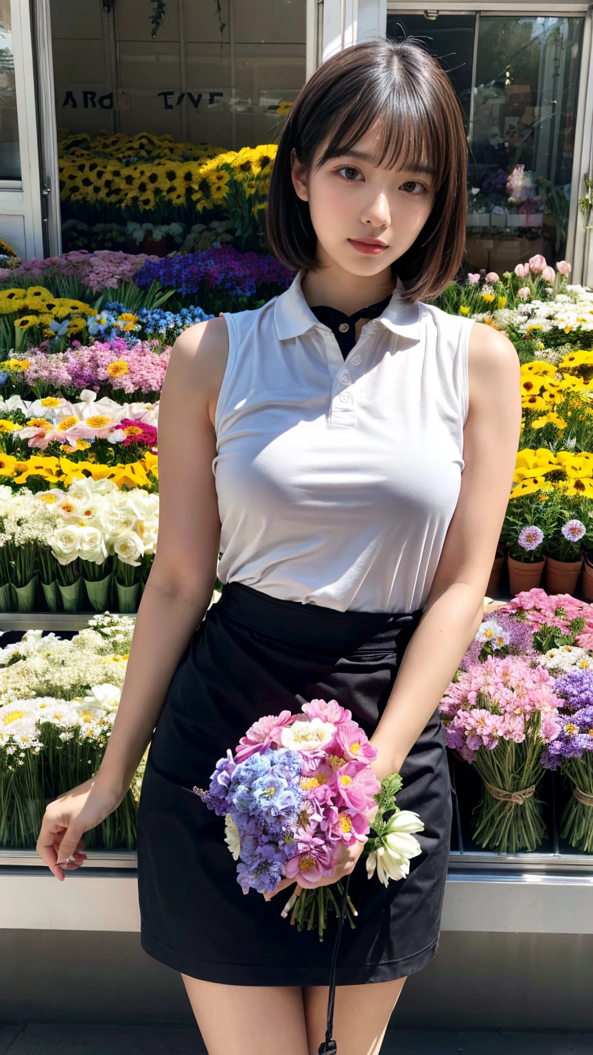 (masterpiece:1.3, top-quality, ultra high res, ultra detailed), (realistic, photorealistic:1.2), beautiful illustration, perfect lighting, natural lighting, colorful, depth of fields, ,
beautiful detailed hair, beautiful detailed face, beautiful detailed eyes, beautiful clavicle, beautiful body, beautiful chest, heavy chest, beautiful thigh, beautiful legs, beautiful fingers, shiny skin,
looking at viewer, 1 girl, japanese, 22 years old, (perfect anatomy, anatomically correct, super detailed skin), cute and symmetrical face, babyface, perfect face, perfect eyes, perfect fingers,
(short bob hair, straight hair, hair slicked back:1.6, blue hair), parted bangs, dark purple eyes, big eyes, drooping eyes, long eyelashes, faint lips, ((huge breasts), Don't expose it, seductive thighs), outstanding style,
(detailed cloth texture, break, sleeveless collared polo shirt, tight skirt, black apron), break,
(beautiful scenery), ((behind flower shop:1.5)), standing, ((hold a big bouquet:1.2)), (parted lips),