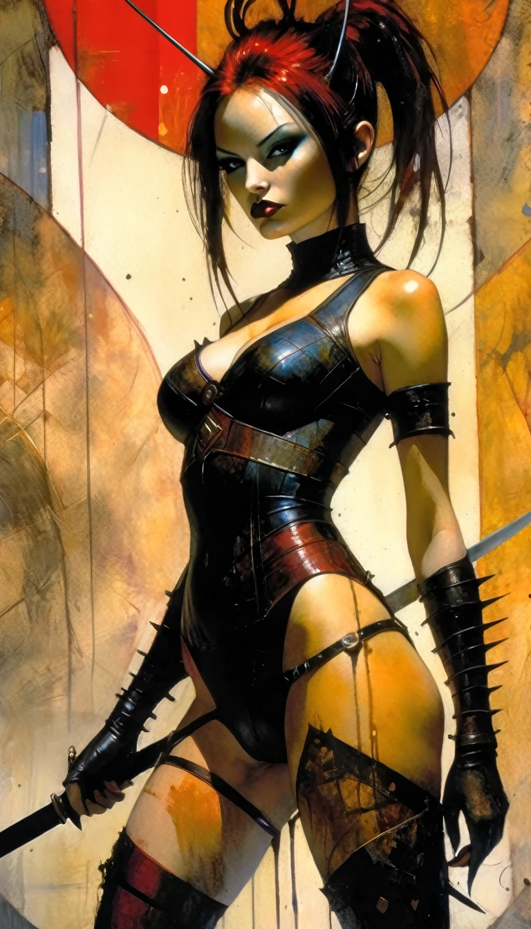 The sexy and dark warrior girl, (art inspired by Bill Sienkiewicz). oil painting)(best quality,4k,8k,highres,masterpiece:1.2),ultra-detailed,(realistic,photorealistic,photo-realistic:1.37),intricate details,vivid colors,sharp focus,professional,Dave McKean artwork, oil touch of surrealism,oil painting style