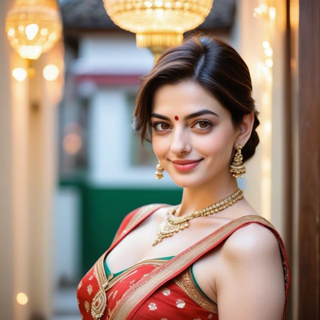 A captivating Indian woman with a radiant complexion and effortless smile, her undercut hair framing her heart-shaped face as she gazes directly at the camera, symmetric eyes sparkling with warmth. Soft rim ambient lighting accentuates her flawless skin texture, reminiscent of Anne Hathaway's porcelain doll-like features. Navel subtly visible, adding to her elegant milf charm. Framed in 8K on a DSLR, high-quality lighting and subtle film grain evoke an award-winning photograph, showcasing the Fujifilm XT3's exceptional imaging capabilities.