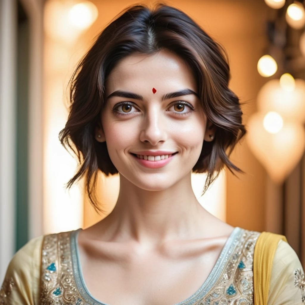 A captivating Indian woman with a radiant complexion and effortless smile, her undercut hair framing her heart-shaped face as she gazes directly at the camera, symmetric eyes sparkling with warmth. Soft rim ambient lighting accentuates her flawless skin texture, reminiscent of Anne Hathaway's porcelain doll-like features. Navel subtly visible, adding to her elegant milf charm. Framed in 8K on a DSLR, high-quality lighting and subtle film grain evoke an award-winning photograph, showcasing the Fujifilm XT3's exceptional imaging capabilities.