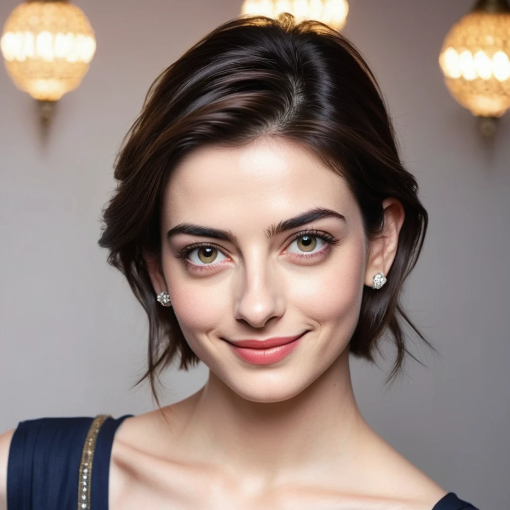 A captivating Indian woman with a radiant complexion and effortless smile, her undercut hair framing her heart-shaped face as she gazes directly at the camera, symmetric eyes sparkling with warmth. Soft rim ambient lighting accentuates her flawless skin texture, reminiscent of Anne Hathaway's porcelain doll-like features. Navel subtly visible, adding to her elegant milf charm. Framed in 8K on a DSLR, high-quality lighting and subtle film grain evoke an award-winning photograph, showcasing the Fujifilm XT3's exceptional imaging capabilities.