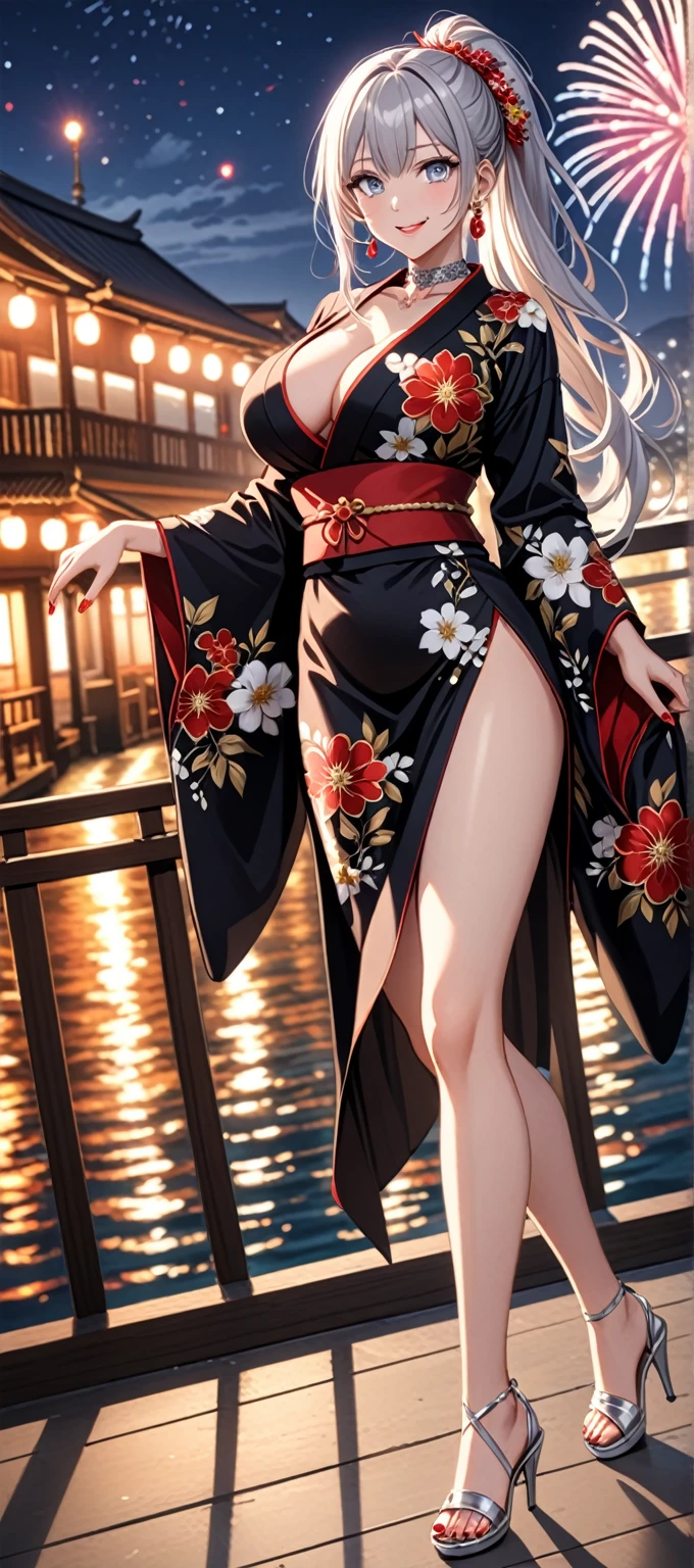 ((One personの女性)), Beautiful Face, (Laugh shyly), (Captivating smile:1.4), ((Wink:1.5)), ((Tilt your head:1.1)), Laugh with your mouth wide open, Upper teeth, View your viewers, ((Doing sexy poses)), ((full-face brash:1.4)), Glossy Red Lips, ((Big Breasts:1.3)), Night Port, Sea view terrace, firework, Glossy Red Lips, (Shining Face), ((Anime style background)),masterpiece, Highest quality, so beautiful,Latest, Complex details, (long nails of red color), (nail art), (ring),(bracelet),(Floral Choker), AI-generated, Complex,High resolution, Highest quality, super high quality,3D Images、3D Images,One person,Long white hair,High Ponytail, Anime woman posing for a photo, ((Silver Eyes:1.7)), ((Fine grain、Light blue eyes、Shining Eyes:1.4)), (Squint your eyes:1.1),a hyperRealistic , hyperRealistic , Realistic,Long white hairのアニメ女性, Smooth anime CG art, (A woman in a colorful kimono with gold embroidery), ((Black kimono:1.5)), Red floral pattern,Long flower hair ornament,Floral Earrings,((black high heel sandals)),Mature Body,Tall,Abdominal muscles,Tight waist, ((full body:1.5)), (Zoom in on face), (dutch angle:1.3),