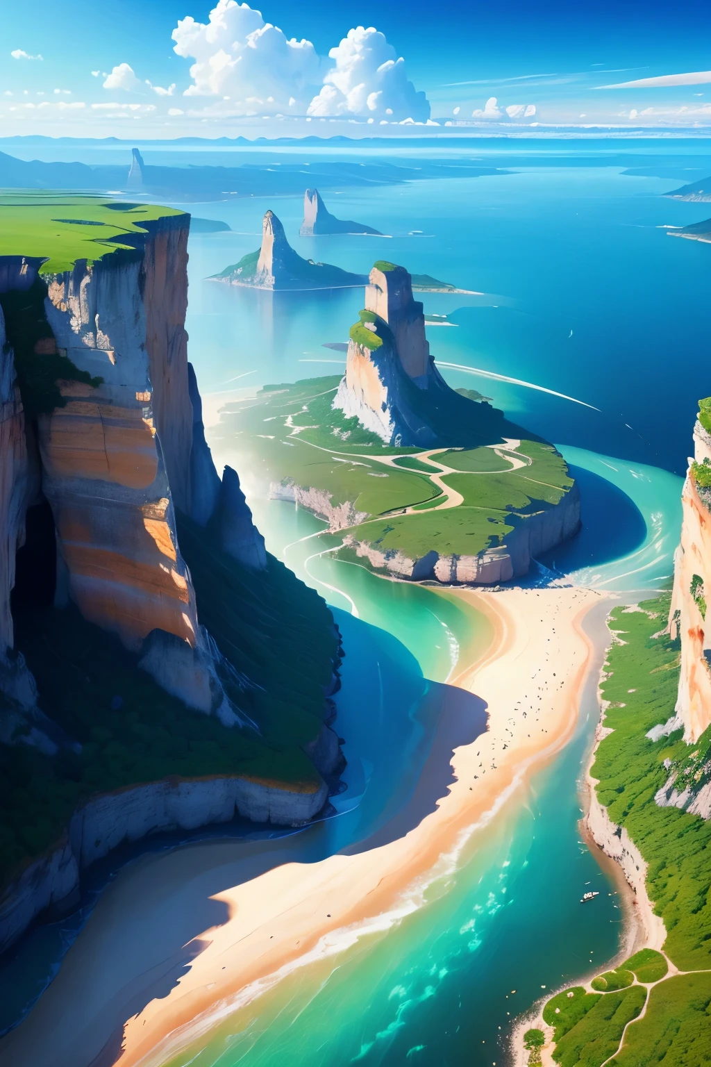 ((melhor qualidade)), ((Obra de arte)), (detalhado), alta qualidade, 8K ultra-HD, A landscape with floating islands, waterfalls flowing , sky filled with clouds 