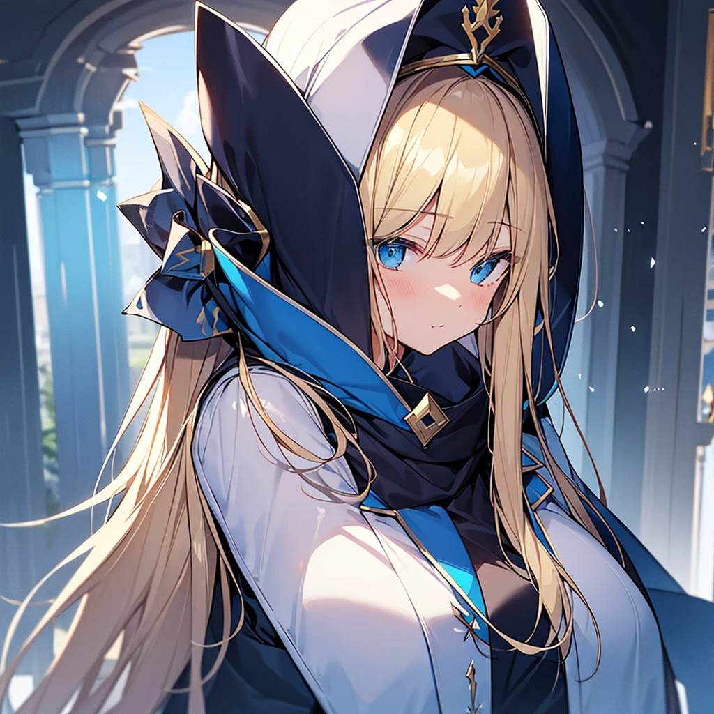 Detailed drawing。Blonde Woman。Blue habit。Wearing a hood。Blue Eyes。Have a Bible。
