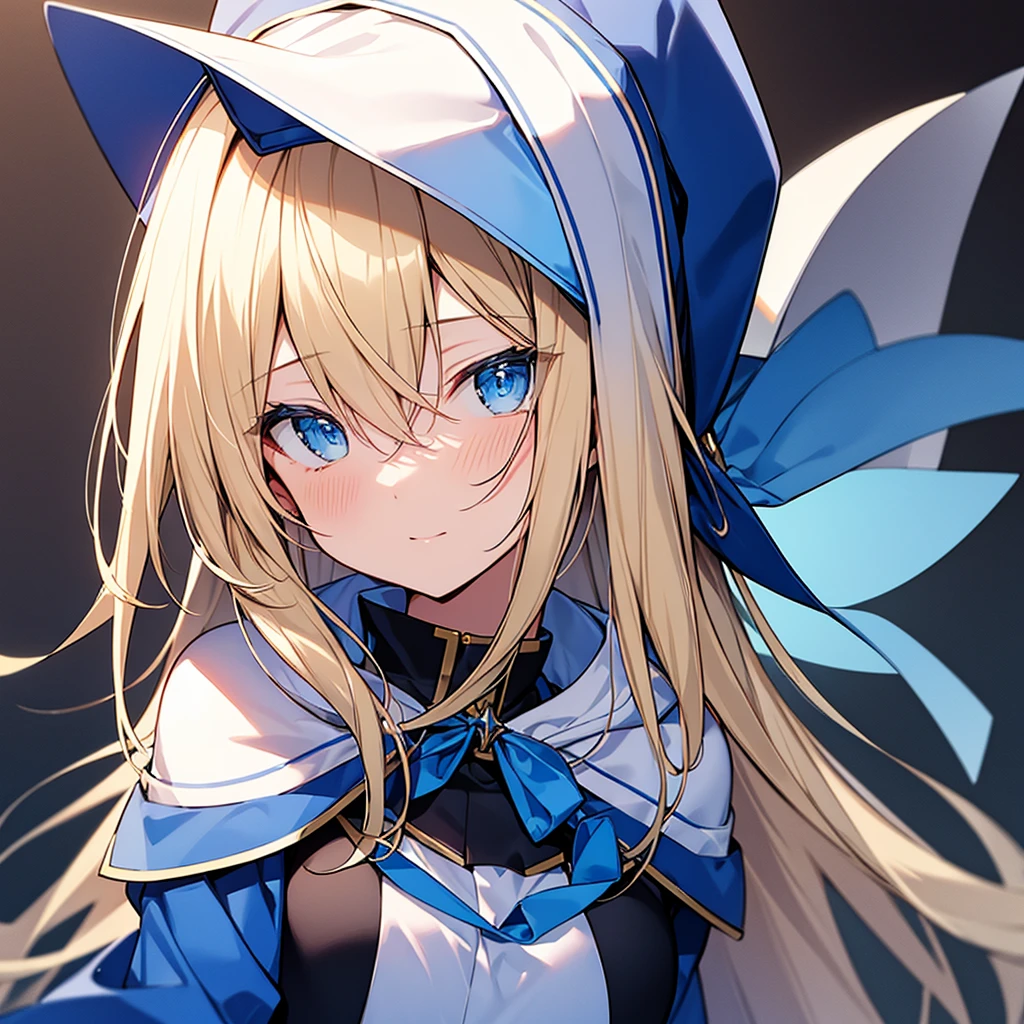 Detailed drawing。Blonde Woman。Blue habit。Wearing a hood。Blue Eyes。Have a Bible。