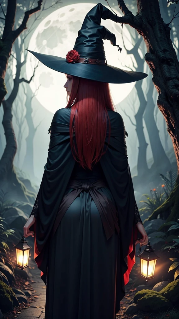 There is a beautiful witch with red hair and brown eyes, she wears a black cape and a witch's hat, she is in a forest at night, her back is to the full moon