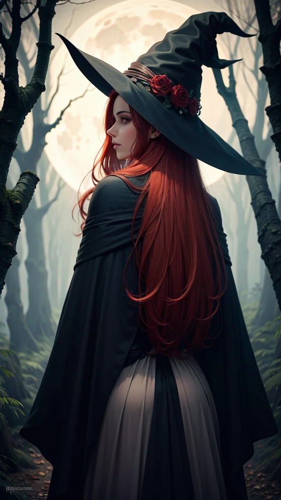 There is a beautiful witch with red hair and brown eyes, she wears a black cape and a witch's hat, she is in a forest at night, her back is to the full moon