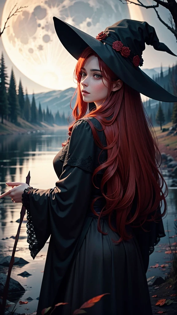 There is a beautiful witch with red hair and brown eyes, she wears a black cape and a witch's hat, she is in a forest at night, her back is to the full moon