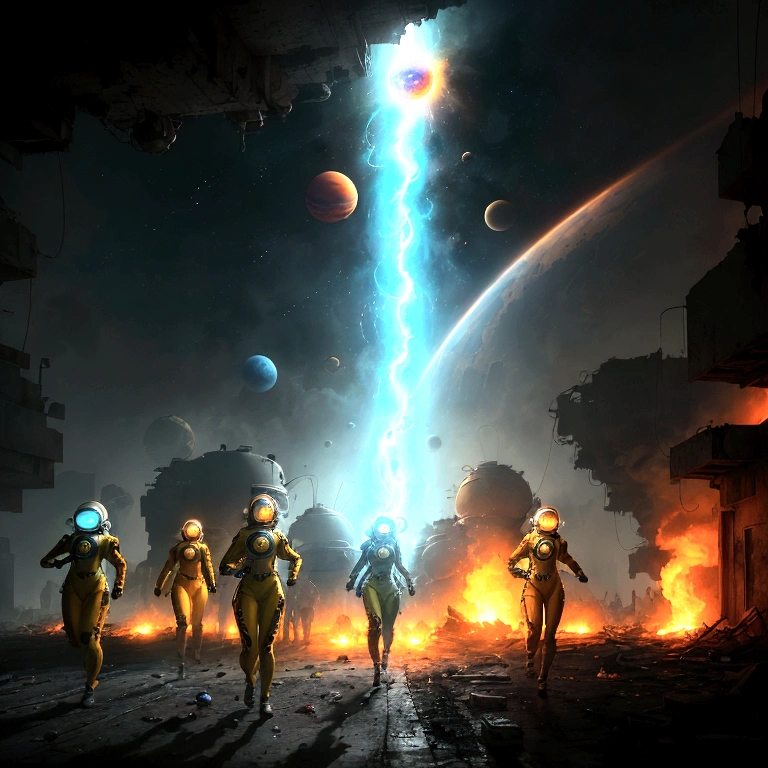 A captivating post-apocalyptic artwork by André Uhlisch featuring running man and running woman in otherworldly cosmonaut helmets and bright yellow rubber suits. a big burnig objekt is follow thair, surrounded by an array of vibrant planets and celestial bodies, each with unique colors and textures. The scene is imbued with a sense of hope, as the women embody the delicate balance between life's fragility and the unwavering spirit of hope. A striking light source illuminates the artwork, casting dramatic shadows and highlighting the vivid colors. The background showcases the destruction, while the women's presence symbolizes the resilience of life in the face of adversity.