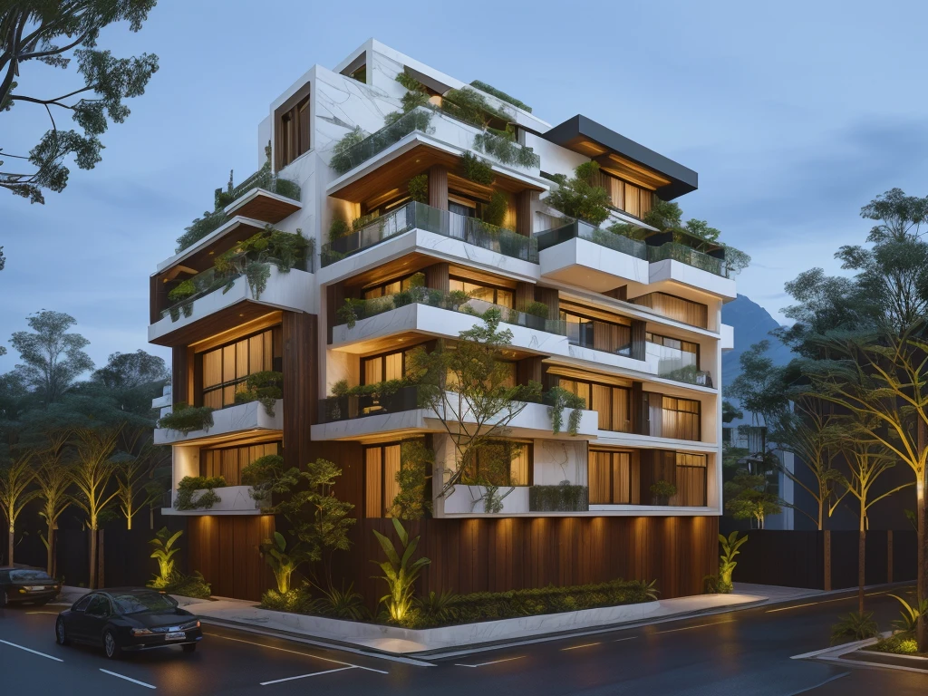 3D render of a beautiful house, Dark, gray tones, white wall. lumion render, night time render, insanely detailed rendering, realistic architecture, architectural visualization. The house is adorned with elegant lighting and plants to enhance its exterior appearance in a Vietnam city street. The staircase leading into the house is tiled with black marble and has bright LED lights. Behind are hills and mountains with clear blue sky. balcony with green plants. The main door is made of black aluminum and glass reaching up to the ceiling. Looking through the glass windows to look inside the house with luxurious interiors with luxurious and warm lights, interior lighting rendering and lighting effects. marble and wood and glass, dark and modern, luxcore render, taken with professional photography techniques, using a wide angle lens with bright natural light and high resolution details, in the style of professional photograph, hyper realistic, highly detailed.