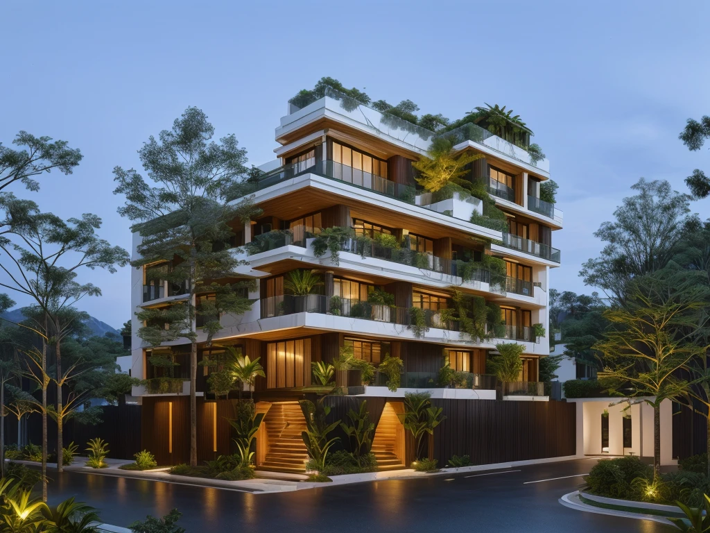 3D render of a beautiful house, Dark, gray tones, white wall. lumion render, night time render, insanely detailed rendering, realistic architecture, architectural visualization. The house is adorned with elegant lighting and plants to enhance its exterior appearance in a Vietnam city street. The staircase leading into the house is tiled with black marble and has bright LED lights. Behind are hills and mountains with clear blue sky. balcony with green plants. The main door is made of black aluminum and glass reaching up to the ceiling. Looking through the glass windows to look inside the house with luxurious interiors with luxurious and warm lights, interior lighting rendering and lighting effects. marble and wood and glass, dark and modern, luxcore render, taken with professional photography techniques, using a wide angle lens with bright natural light and high resolution details, in the style of professional photograph, hyper realistic, highly detailed.